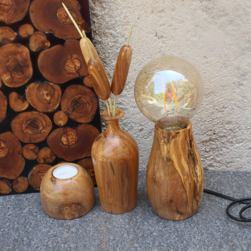 Pack Ambiance Artisanale – Veilleuse, Bougeoir & Vase en Bois d’Olivier