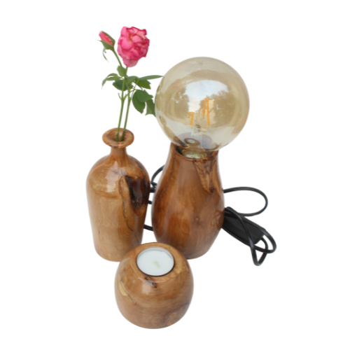 Pack Ambiance Artisanale – Veilleuse, Bougeoir & Vase en Bois d’Olivier