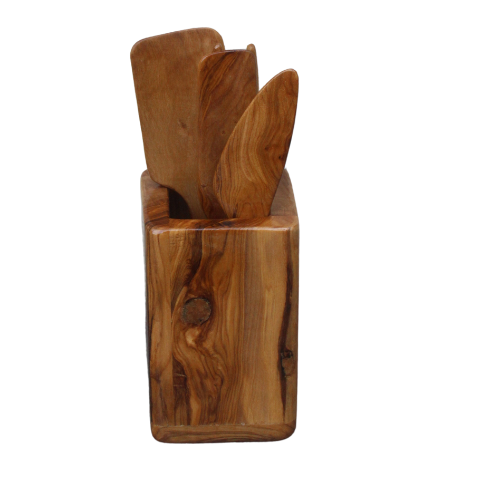 Ensemble d’Ustensiles en Bois d’Olivier – Cuillère, Fourchette, Couteau & Louche