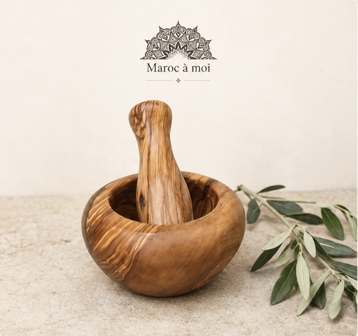 Mortier & Pilon en Bois d’Olivier – Artisanat du Maroc